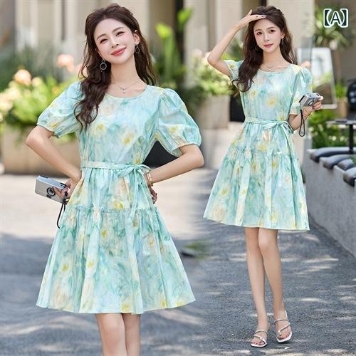ワンピース レディース 夏 小花柄 ハイウエスト ウエストマーク ベルト付き Aライン ミディ丈 半袖 パフスリーブ ラウンドネック 上品 若見え 体型カバー ガーリー ポリエステル キャンディグリーン ワイルドマムイエロー マグノリアホワイト