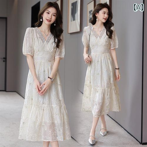 ワンピース レディース フレンチ エレガント 上品 きれいめ 春夏 ミドル丈 Aライン 立体織り 花柄 ジャガード Vネック パフスリーブ 半袖 ハイウエスト 体型カバー ポリエステル 通勤 お出かけ