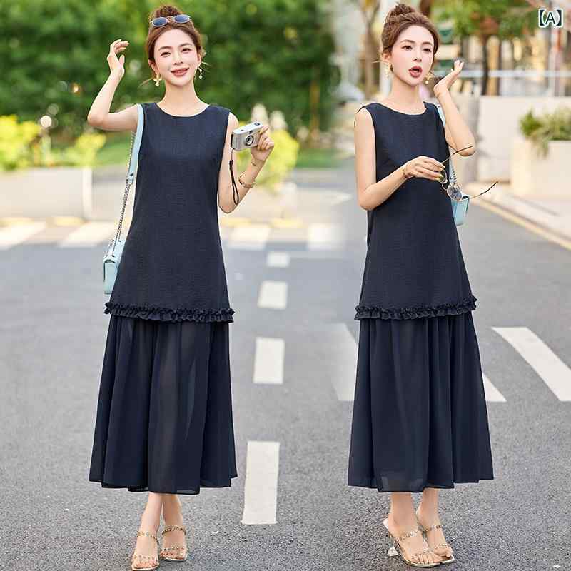 ワンピース レディース 夏 ラウンドネック ノースリーブ フェイクツーピース サイド切り替え 細見え Aライン ミディ丈 ハイウエスト フリル エレガント 通勤 オフィス デイリー ブルー ポリエステル