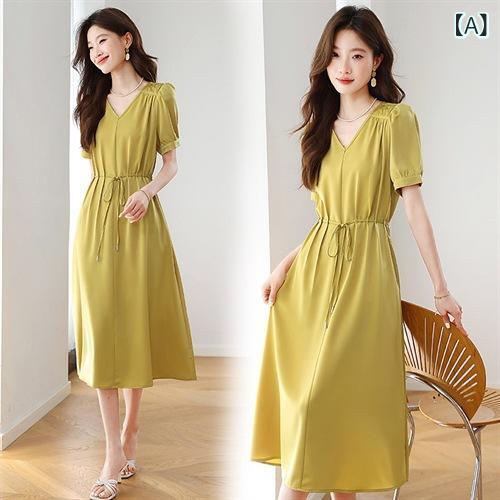 ワンピース レディース フレンチレトロ エレガント ウエストマーク 着痩せ効果 ミディ丈 Aライン Vネック 半袖 ハイウエスト 通勤 オフィス 上品 春夏