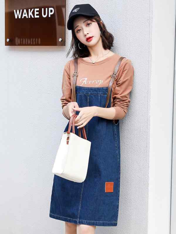 スカートセットアップ レディース デニム サロペットスカート 韓国 カジュアル おしゃれ 細見え スタイルアップ 文字プリント 2点セット ミモレ丈 秋 ポリエステル