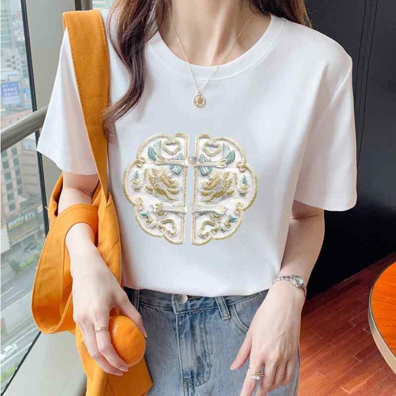 Tシャツ レディース 半袖 丸首 チャイナ風 レトロ プリント柄 配色 綿100 コットン トップス 大きいサイズ ゆったり 体型カバー 着回し 春夏 カジュアル カットソー