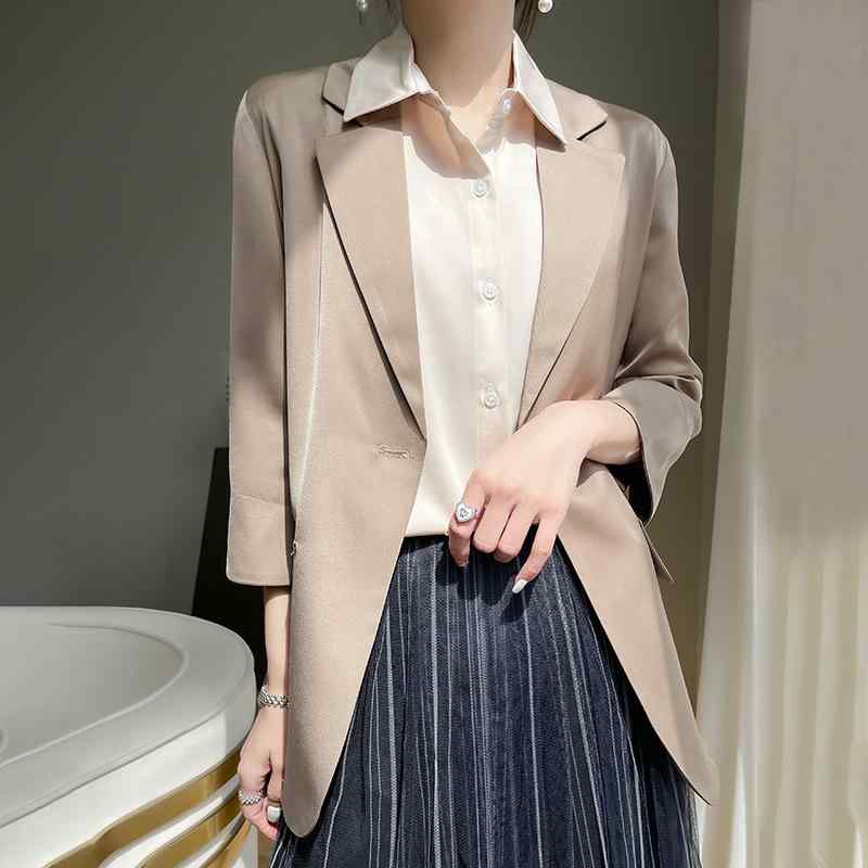 ジャケット レディース 春夏 高級感 サテン 七分袖 無地 テーラードカラー 通勤 オフィス オフィスカジュアル 普段使い リラックス カジュアル レギュラーフィット ミドル丈 アウター 羽織り 白 黒 シャンパンゴールド