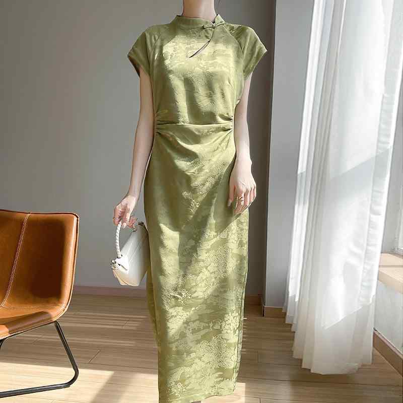 ワンピース レディース 春夏 ネオチャイナ 中国風 サテン ジャカード織り 植物柄 花柄 スタンドカラー チャイナボタン 半袖 ハイウエスト Aライン ロング丈 スリム効果 体型カバー 上品 高級感 ポリエステル