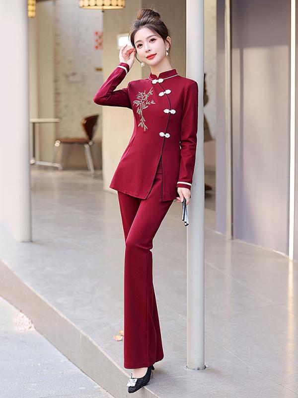 カジュアルセットアップ レディース 春夏 新チャイナ風 レトロ 上品 エレガント 刺繡 細見え 体型カバー 伸縮性 ポリエステル 長袖 パンツセットアップ