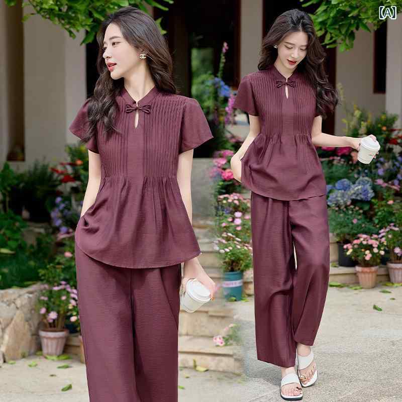 パンツセットアップ レディース 中国風 レトロ 民族風 ワインレッド 切り替え 半袖 ギャザー ロングパンツ 無地 ポリエステル コットン 再生繊維 春夏 カジュアル フェミニン 大人かわいい