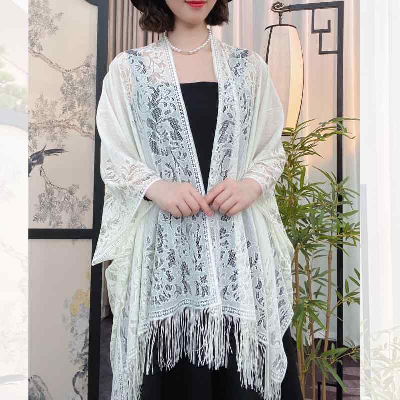 ショール レディース 中国風 盤ボタン レース カットジャカード 大判 スカーフ ストール ポリエステル ..