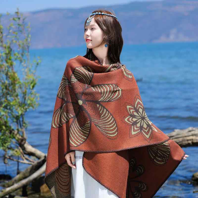 ショール レディース ジャガード スリット ポンチョ ケープ フェイク タッチ 厚手 防寒 保温 羽織り 旅..