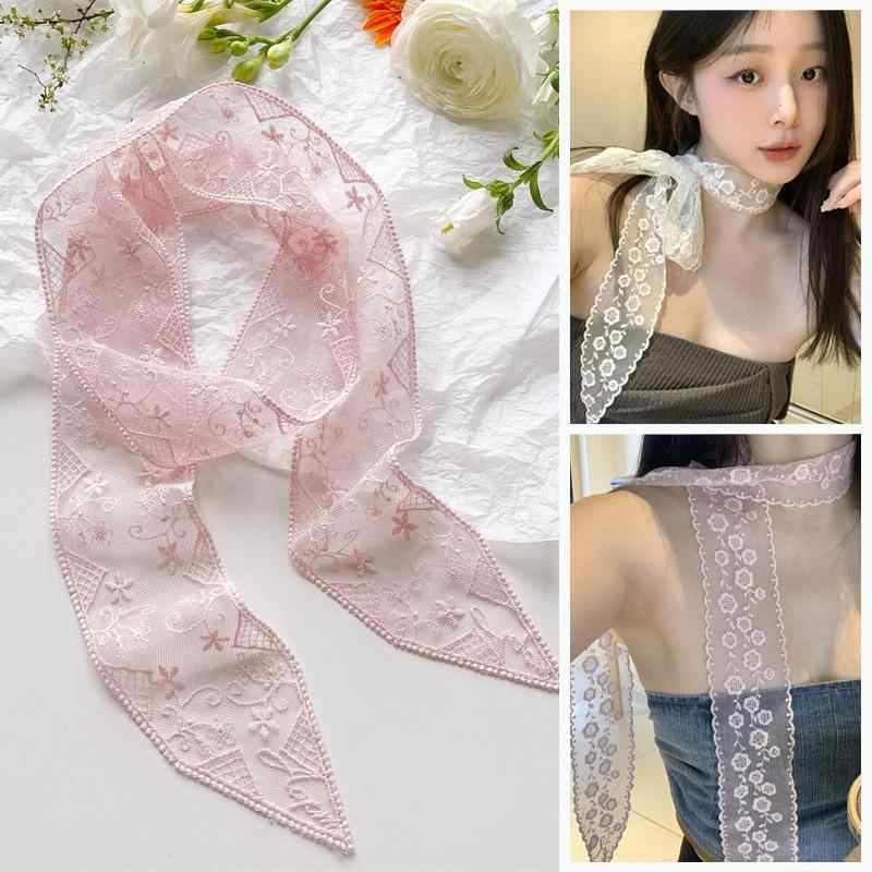 スカーフ レディース 韓国ファッション レース ロング シアー ポリエステル素材 春夏 レイヤード フレ..