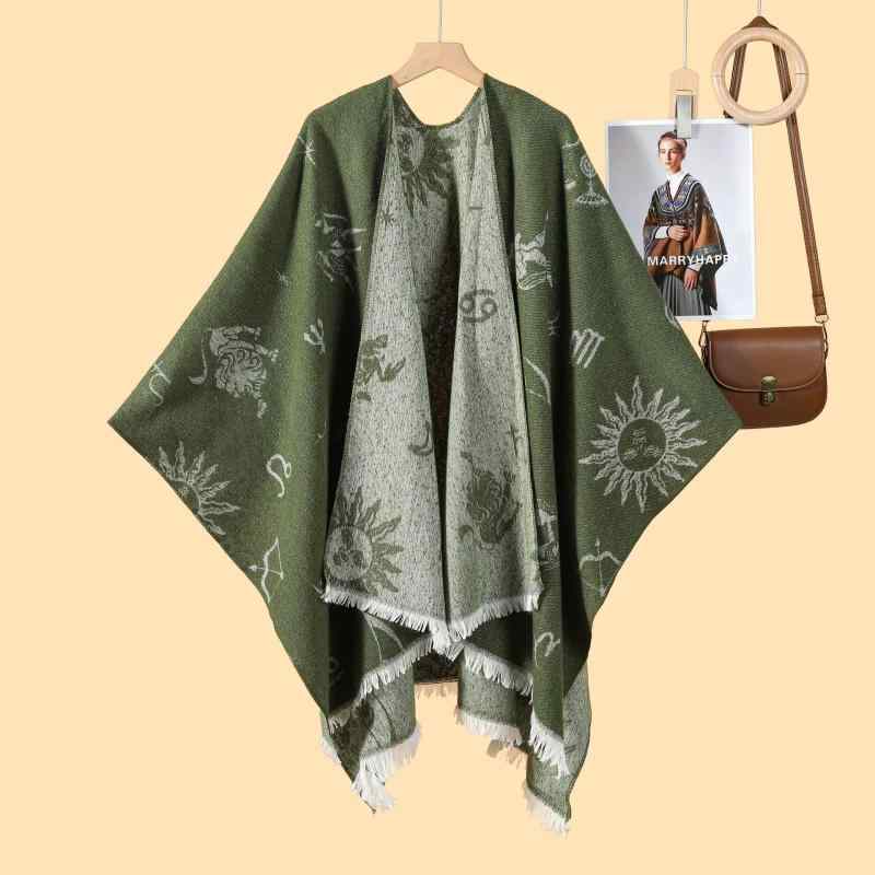 ケープ ポンチョ レディース 女性用 ギリシャ星座柄 両面 フリンジ ジャガード織り 保温 あたたかい スリット入り 羽織り アウター フェイク 秋冬 普段使い カジュアルスタイル(4)
