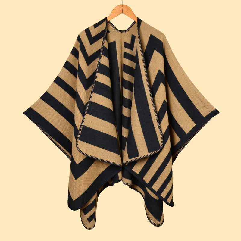 ショール ストール ケープ レディース 大判 シンプル 配色 ストライプ スリット フェイク 厚手 ロング丈 保温 防寒 着回し お出かけ 旅行 普段使い デイリー 秋冬