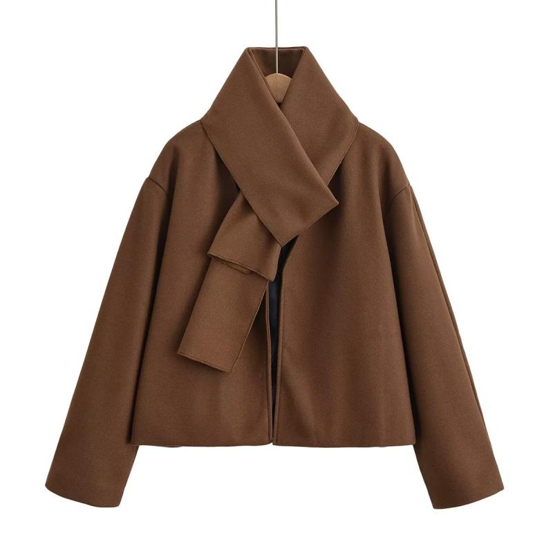 レディースジャケット 上品 エレガント Vネック カウルネック ショート丈 メルトン調 中厚手 アウター ゆったり 長袖 秋冬 ブラウン 低身長向け きれいめ カジュアル 通勤 オフィス