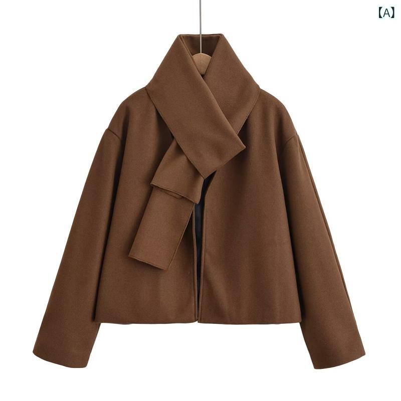 レディースジャケット 上品 エレガント Vネック カウルネック ショート丈 メルトン調 中厚手 アウター ゆったり 長袖 秋冬 ブラウン 低身長向け きれいめ カジュアル 通勤 オフィス