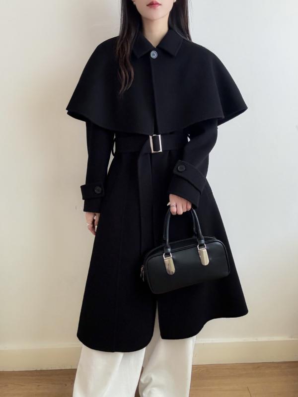 コート レディース 秋冬 混 ウール ダブルフェイス ケープ ロング丈 膝下 ウエストマーク 手縫い 上品 きれいめ 通勤 オフィス アウター(4)