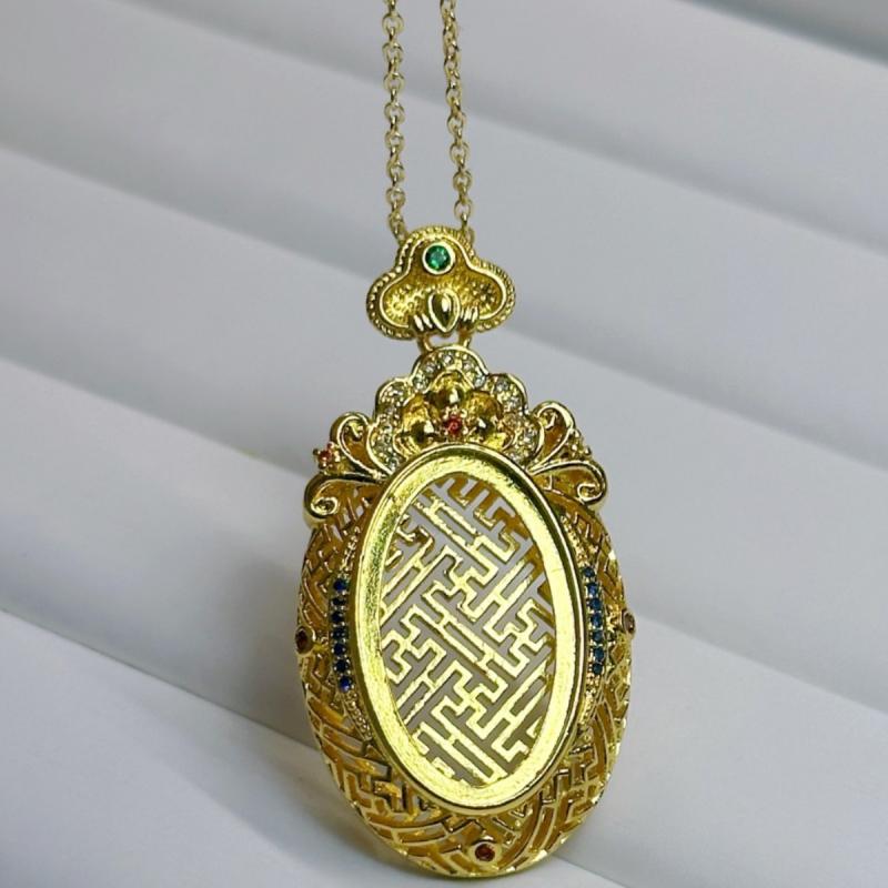 ペンダント 新チャイナ風 ゴールド象嵌 翡翠 瑪瑙 空枠 DIYパーツ 手作り アイスジェイド カルセドニー..