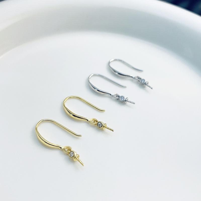 DIYアクセサリーパーツ 925スターリングシルバー パール ジルコニア ピアスフック 空枠 石座 シンプル ..