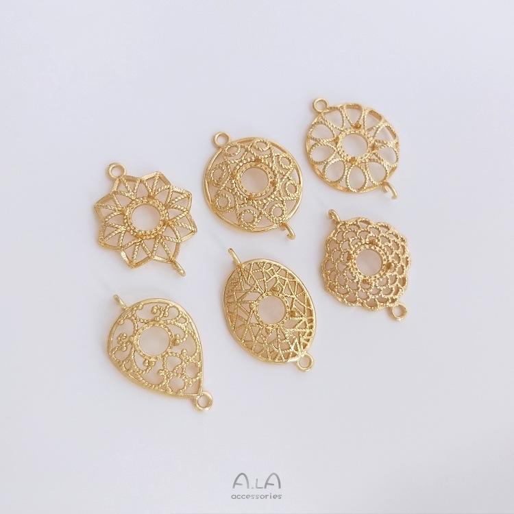 アクセサリーパーツ 14KGF 空枠コネクター レース 花形 円形 八芒星 ダブルカン DIY ハンドメイド ブレ..