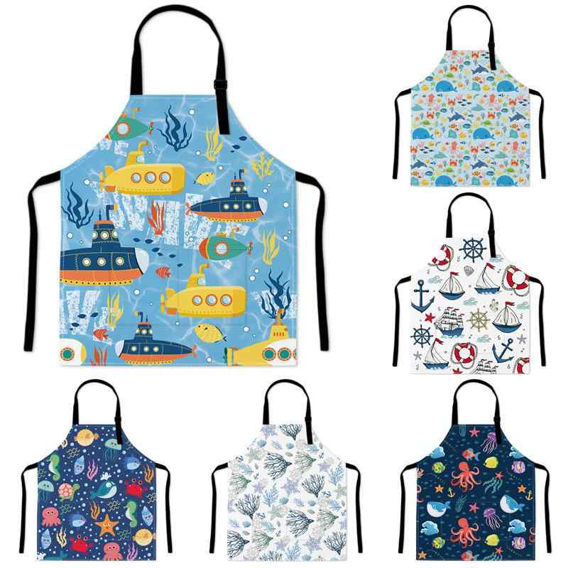 エプロン 家庭用 料理 飲食店 レストラン カフェ 厨房 カートゥーン柄 マリン柄 ダブルポケット アジャスター付き ポリエステル 普段使い 作業用 かわいい おしゃれ 汚れ防止