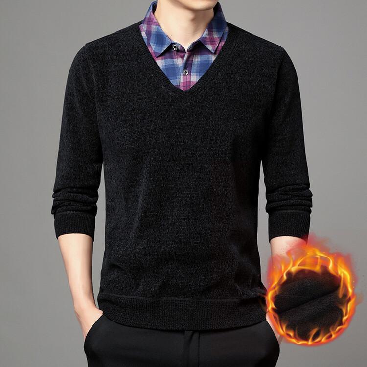ニットトップス 男性用 シェニール 重ね着風 シャツ襟 裏起毛 厚手 保温 冬物 ゆったり オーバーサイズ 普段着 通勤 オフィスカジュアル 暖かい ウォッシャブル(4)