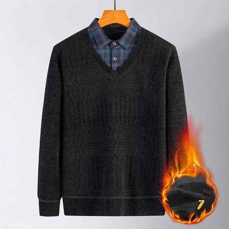 セーター メンズ 男性用 裏起毛 厚手 シェニール ニット フェイクレイヤード シャツ ドッキング 重ね着風 保温 防寒 ウォッシャブル 秋冬 紳士 カジュアル ビジネス