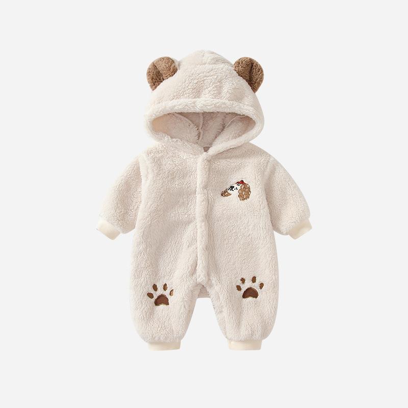 ・カテゴリ: ロンパース・スタイル: カジュアル・主な素材: ポリエステル繊維 ・厚さ: 厚手・袖丈: 長袖・開閉: スナップボタン・カラー: オフホワイト・サイズ展開: 59cm、66cm、73cm、80cm、90cm・対象年齢: 新生児（0〜1歳頃、身長80cm以下）・性別: 男女兼用クラス