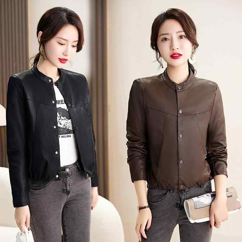 レザージャケット レディース 春アウター 羊革 ラムレザー 本革 ショート丈 ウォッシュ加工 ラウンドネック 長袖 スリムフィット 切り替え ポケット付き カジュアル おしゃれ 着回し 上着 ブラック ブラウン レトロ ヴィンテージ風
