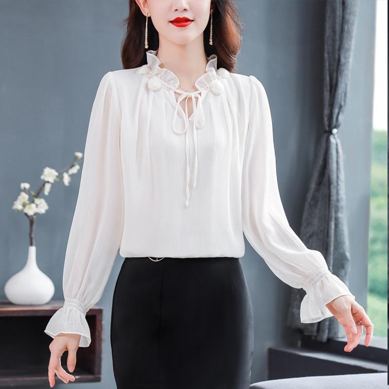 ブラウス レディース 長袖 シフォン ポリエステル ゆったり 体型カバー 大人 上品 エレガント きれいめ 半開襟 フリル袖 リボンタイ プルオーバー 切り替え 無地 春夏 通勤 オフィス デイリー 着回し