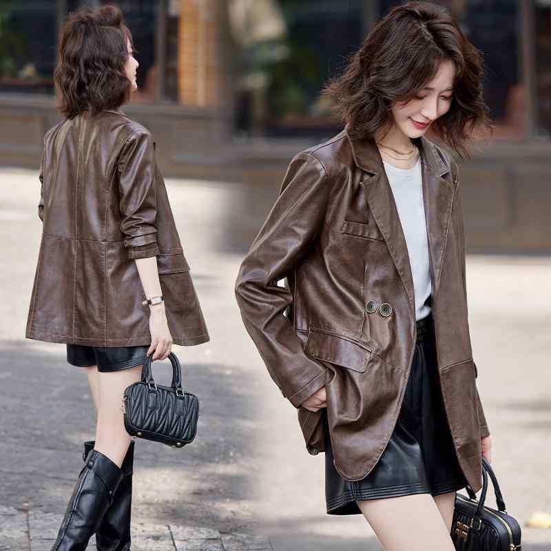レザージャケット レディース 羊革 アウター 秋冬 ゆったり 体型カバー 細見え テーラードカラー ダブルボタン 長袖 無地 ポケット付き オフィス カジュアル きれいめ グレー
