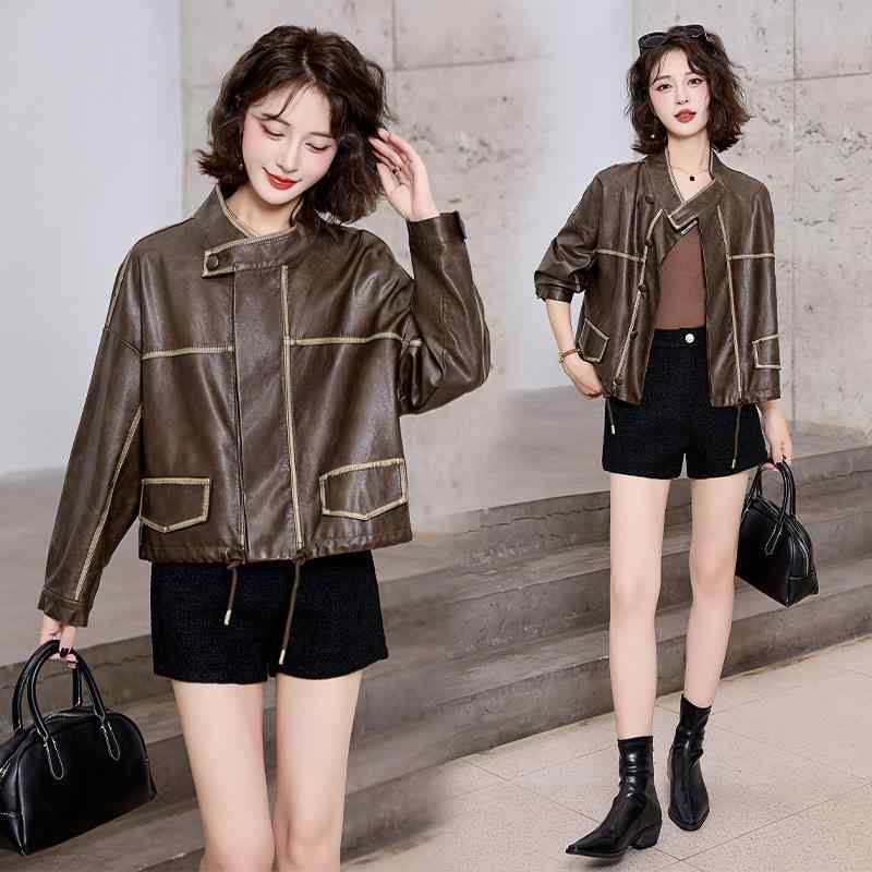 レザージャケット レディース ショート丈 シープスキン 秋冬 アメリカン レトロ ライダース 細見え ゆったり オーバーサイズ きれいめ 通勤 オフィス スクエアネック 切り替え グリーン ブラウン アウター