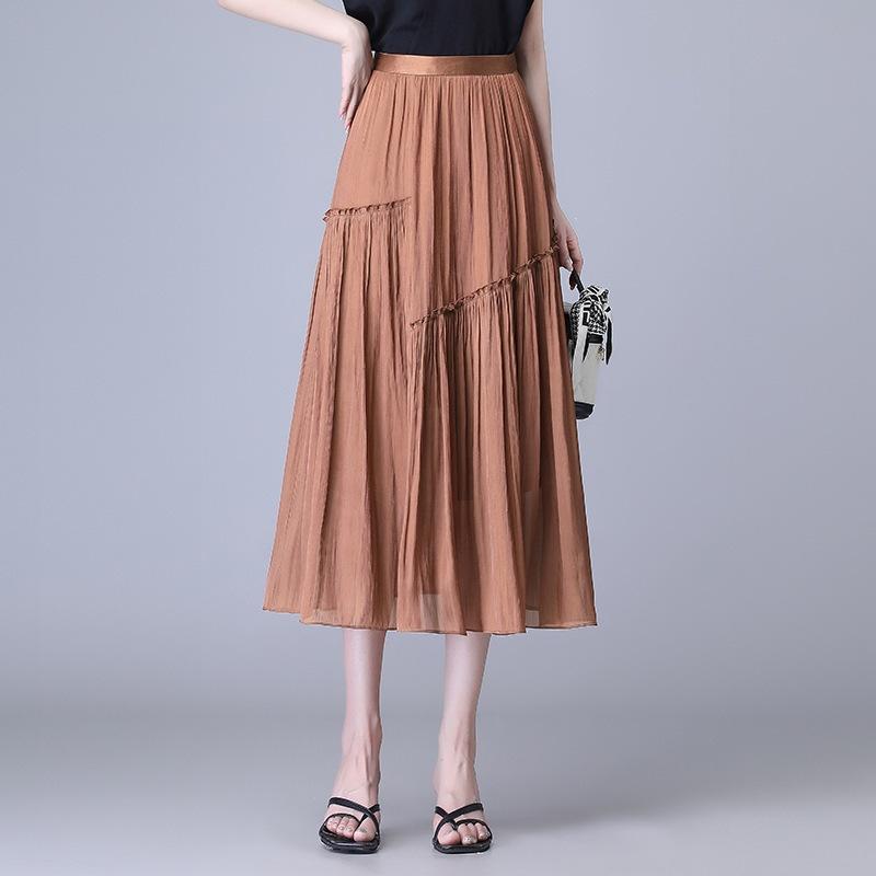 スカート 桑蚕 プリーツ 無地 シンプル カジュアル おしゃれ ウエストゴム Aライン 切り替え ロング丈 細見え スタイルアップ エレガント きれいめ 通勤 伸縮性 夏物