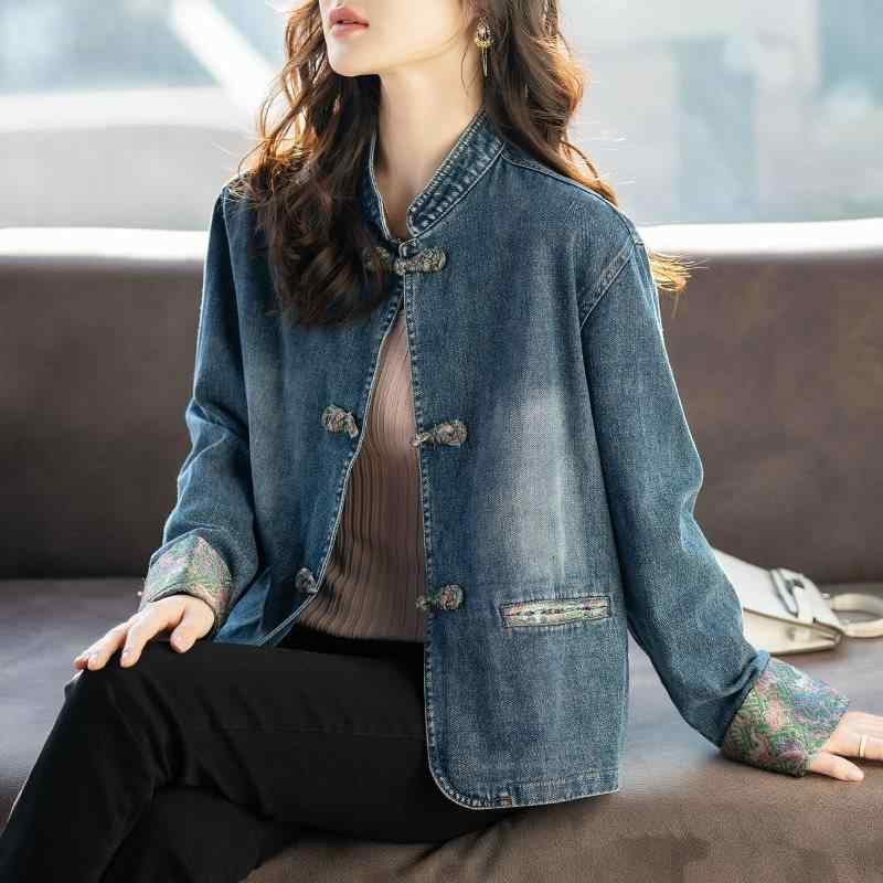 ジャケット レディース チャイナ風 スタンドカラー 飾りボタン デニム ショート丈 ゆったり シングルボ..