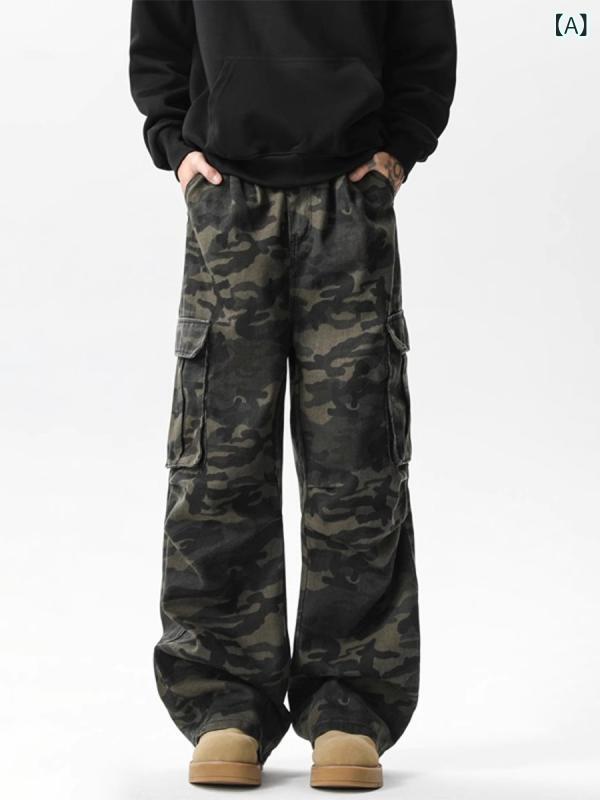 カーゴパンツ メンズ 男性用 アメカジ ヴィンテージ風 迷彩柄 ストリート カジュアル ワイド ストレート ルーズ ゆったり 長ズボン ポリエステル 伸縮性 普段使い タウンユース 着回し