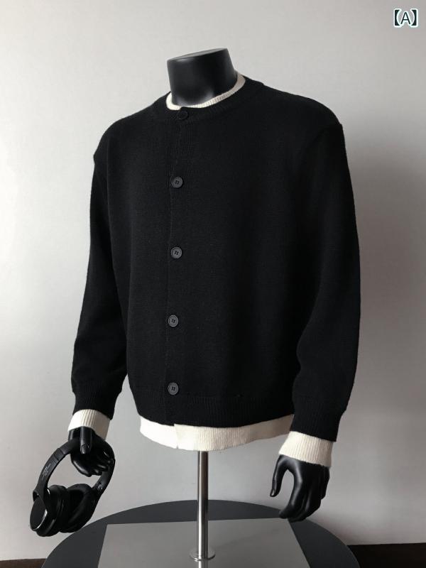 ニットカーディガン メンズ 男性用 アメリカンレトロ フェイクレイヤード 重ね着風 ボタン ゆったり ルーズフィット クルーネック カジュアル トップス アウター 春夏