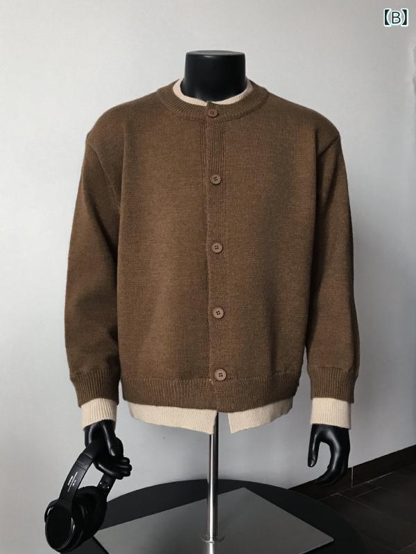 ニットカーディガン メンズ 男性用 アメリカンレトロ フェイクレイヤード 重ね着風 ボタン ゆったり ルーズフィット クルーネック カジュアル トップス アウター 春夏