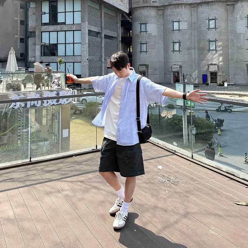 シャツ メンズ ブルー ストライプ 半袖 ポリエステル ゆったり ルーズ カジュアル 夏服 普段使い 薄手 ノーアイロン イージーケア 通気性 速乾 襟付き