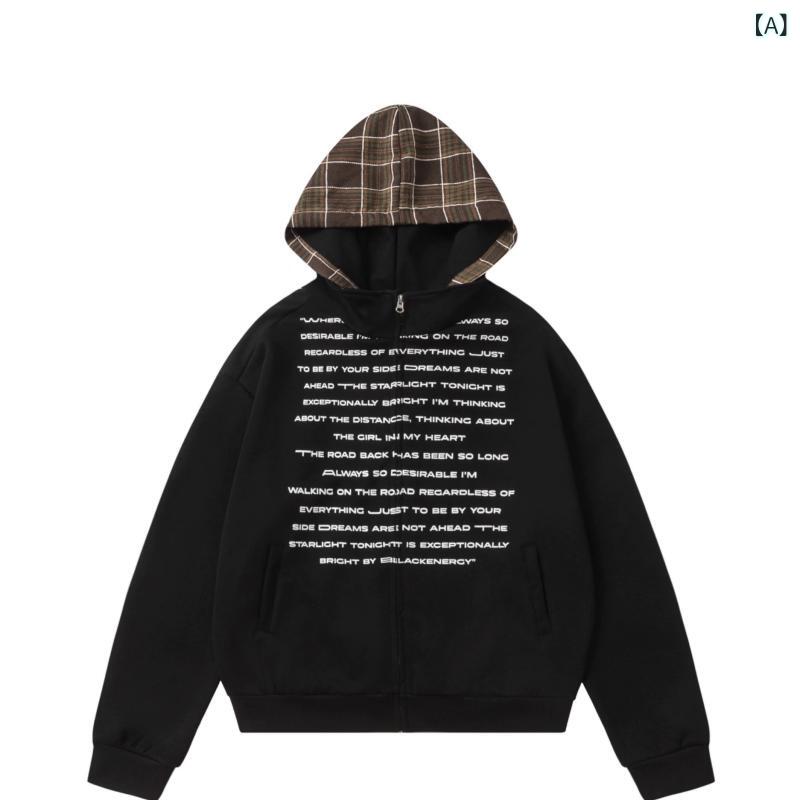 パーカー メンズ 男性用 フード付き ジップアップ レタープリント アルファベットプリント ワッペン アメカジ ストリート レトロ ヴィンテージ風 ネイビー ダークブルー ルーズフィット ゆったり ロングスリーブ ポリエステル 秋冬 普段使い