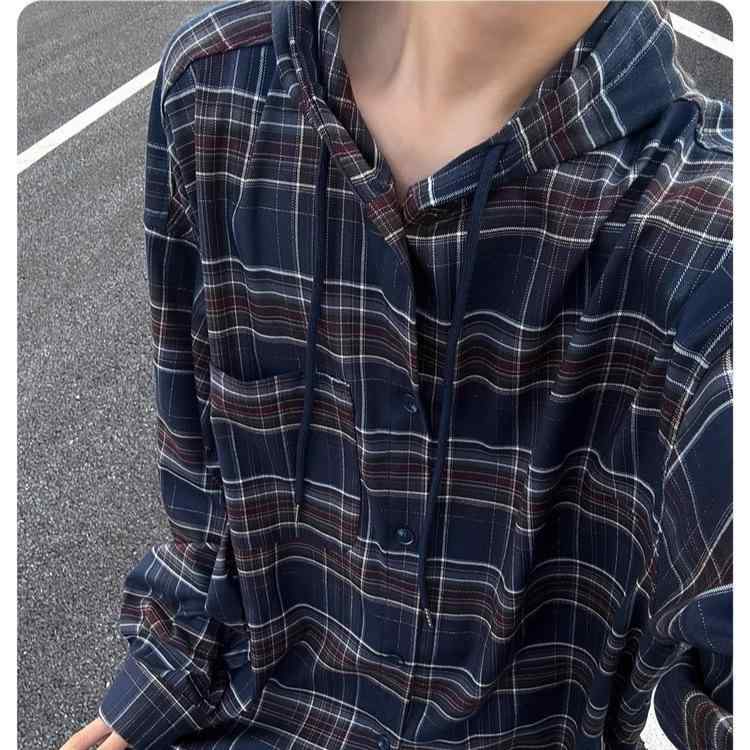 シャツ メンズ フード付き 配切り替え チェック柄 長袖 シャツジャケット 高級感 大人カジュアル アメカジ レトロ ゆったり オーバーサイズ 綿 ポリエステル シワになりにくい ノーアイロン 普段使い ストリート ネイビー 秋冬