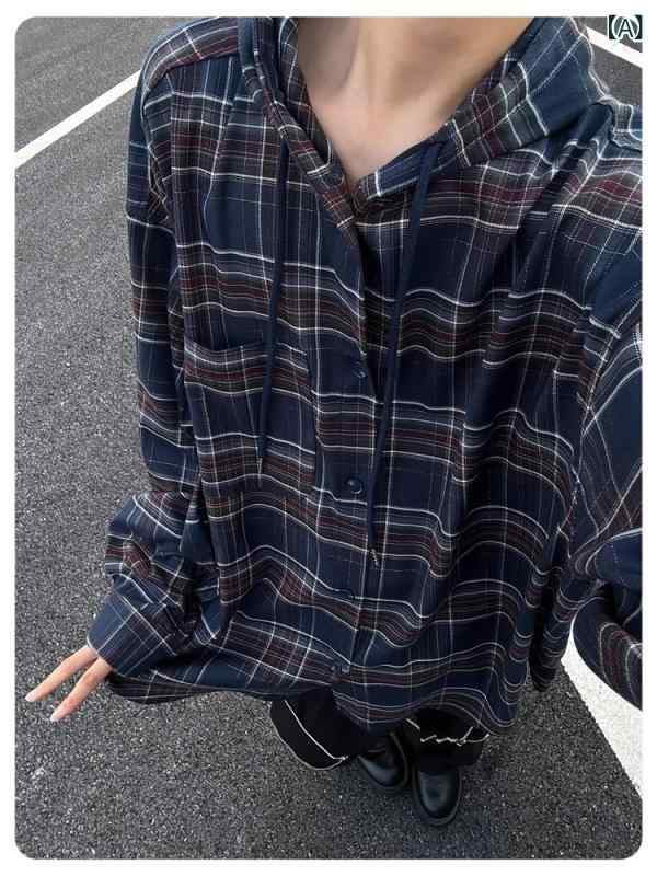 シャツ メンズ フード付き 配切り替え チェック柄 長袖 シャツジャケット 高級感 大人カジュアル アメカジ レトロ ゆったり オーバーサイズ 綿 ポリエステル シワになりにくい ノーアイロン 普段使い ストリート ネイビー 秋冬