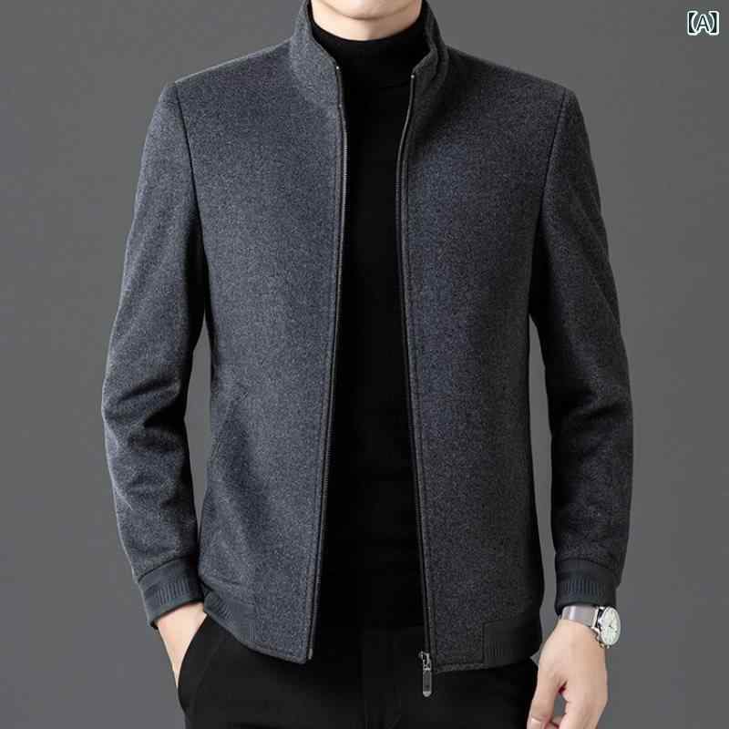 ジャケット メンズ 秋冬 ウール 純毛 スタンドカラー ジップアップ 厚手 スリムフィット 保温アウター カジュアル ビジネス グレー ネイビー