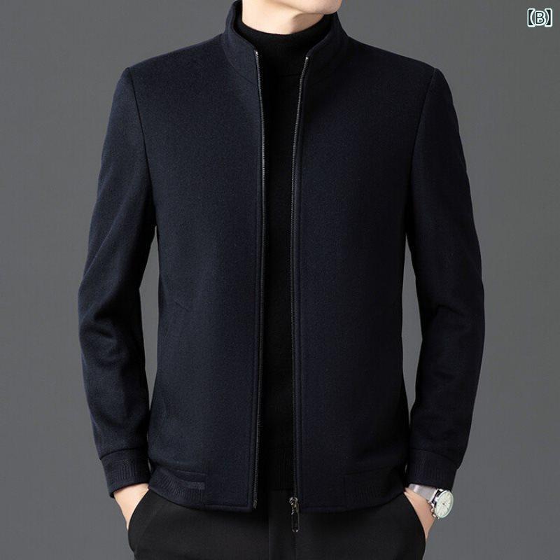 ジャケット メンズ 秋冬 ウール 純毛 スタンドカラー ジップアップ 厚手 スリムフィット 保温アウター カジュアル ビジネス グレー ネイビー
