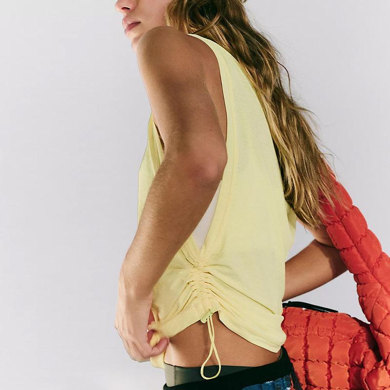 ヨガウェア レディース ドローストリング タンクトップ ゆったり カジュアル 吸汗速乾 通気性 ノースリーブ 薄手 ジム スポーツ 春夏