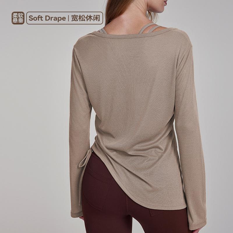 ヨガトップス レディース 長袖 Tシャツ ヒップ丈 ゆったり リラックスフィット プリーツ ドローストリング 通気性 テンセル混 リブ素材 カジュアル フィットネス スポーツウェア
