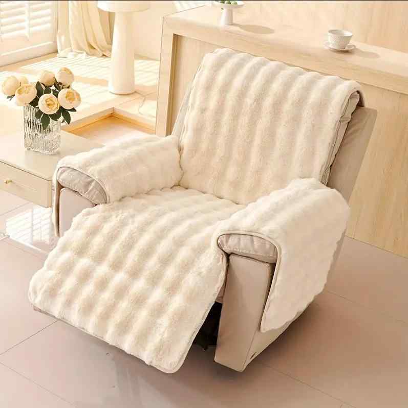 ソファカバー ラビットファー調 滑り止め 一人掛け シングル ソファパッド リクライニングチェア マッサージチェア対応 高級感 ポリエステル 無地 秋冬 オフホワイト ピンク グレー