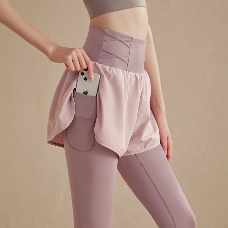 ヨガパンツ レディース フェイクレイヤード ハイウエスト ヒップアップ 腹部引き締め フィットネス ラ..