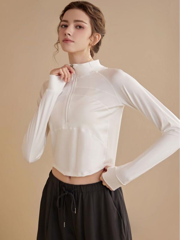 Tシャツ レディース ヨガトップス トレーニングウェア ハーフジップ 長袖 スリムフィット ショート丈 高級感 着痩せ 体型カバー ランニング フィットネス ジム スポーツ 速乾 ポリエステル スパンデックス 秋冬