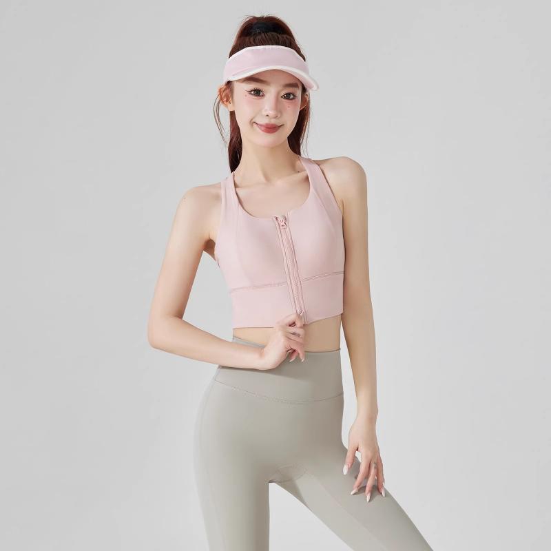 スポーツブラ レディース 女性用 揺れ防止 衝撃吸収 前開き ジップアップ 通気性 吸汗速乾 ランニング フィットネス ヨガ ジム トレーニング ブラトップ ショート丈 無地 ピンク アイボリー