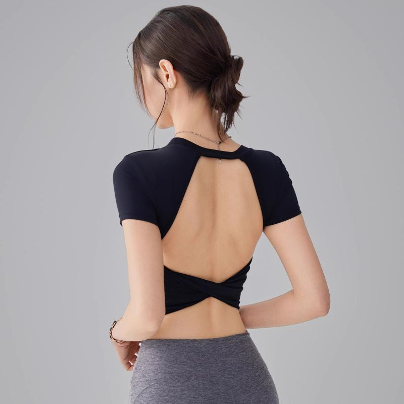 スポーツトップス レディース Tシャツ カットソー カップ付き ブラトップ一体型 半袖 ホール バック 吸..