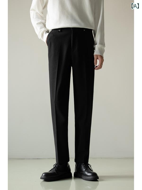 スラックス メンズ 秋冬 きれいめカジュアル ストレート アンクル丈 ビジネス オフィス 通勤 普段使い ウールライク ポリエステル 微ストレッチ イージーケア 韓国 トレンド