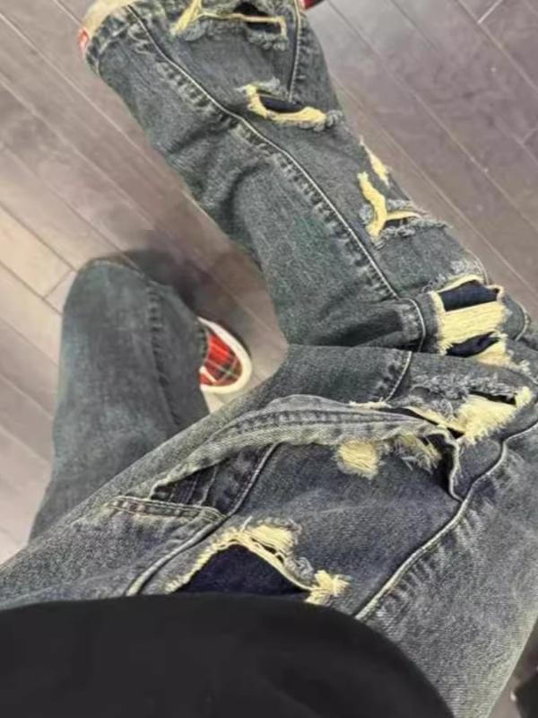 デニムパンツ メンズ アメカジ ヴィンテージ風 テーパード フェイクダメージ パッチワーク ストレート 微フレア 個性的 春秋 ブルー コットン