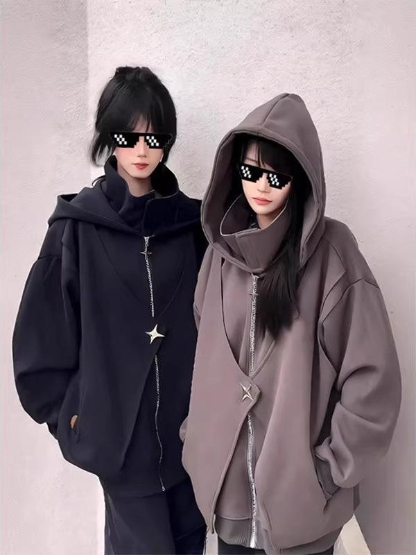 パーカー メンズ ドルマンスリーブ スタンドカラー フード付き ジップアップ フェイクレイヤード アウター 春秋 トレンド カジュアル アメカジ クール ゆったり ビッグシルエット ペアルック ポリエステル 長袖 ブラック グレー